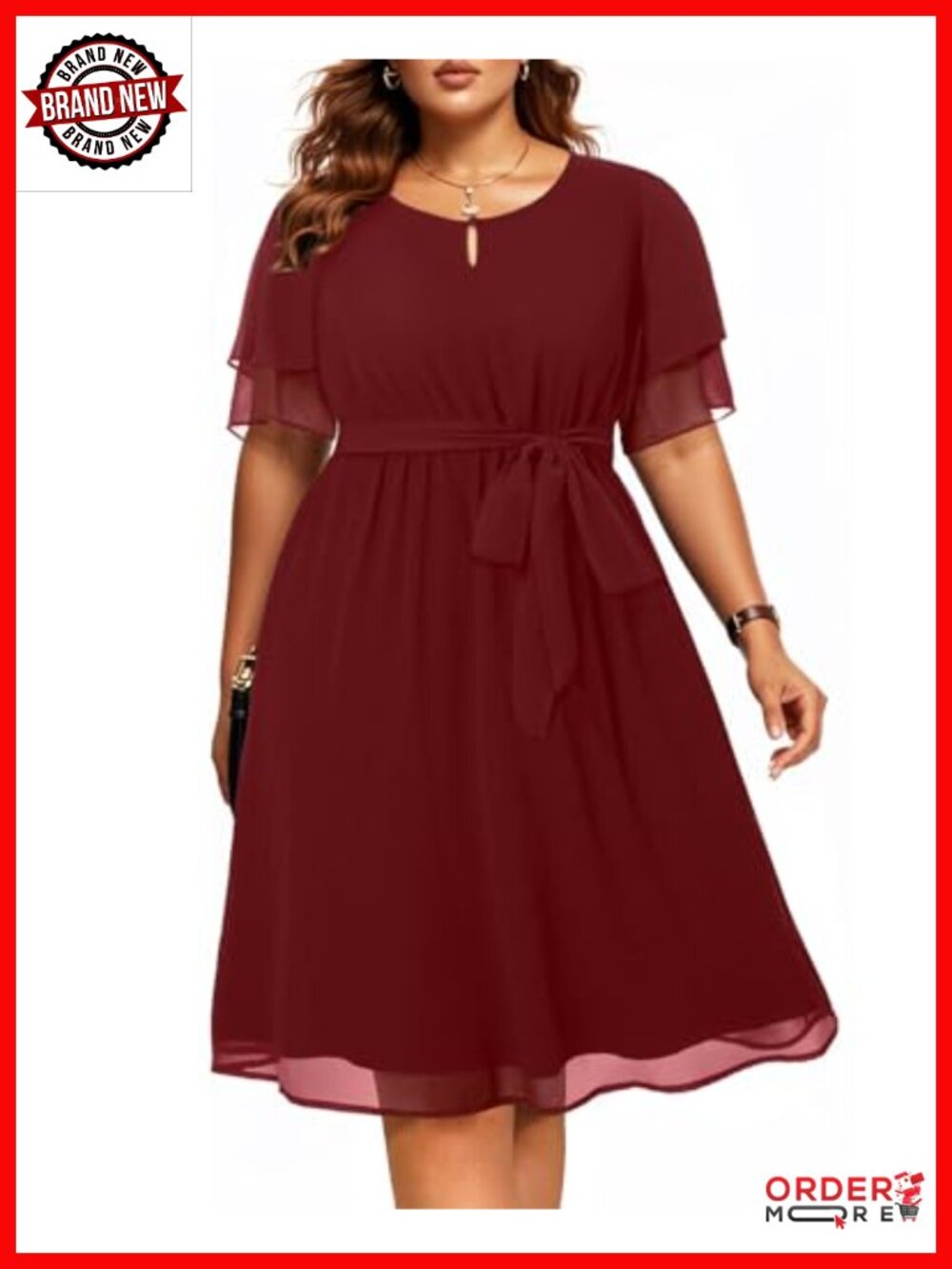 Keyhole Neck Chiffon Knee Length Dress - Wedding Guest Semi Formal